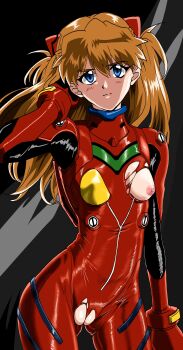 1girl blue_eyes blush bodysuit breasts brown_hair curvy highres long_hair looking_at_viewer mecha_pilot_suit neon_genesis_evangelion nipples one_breast_out plugsuit_(evangelion) pussy pussy_peek shiny_clothes shiny_skin simple_background skin_tight small_breasts solo souryuu_asuka_langley standing torn_bodysuit torn_clothes tsundere two_side_up wide_hips yuutaku