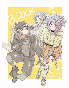 1girl 2boys baseball_cap black_gloves black_jacket black_shorts blue_hair cropped_hoodie eating english_text facial_mark fang fishnet_sleeves fishnets flower full_body gardenof gloves gradient_hair grey_hoodie grin hair_flower hair_ornament hairclip half_updo hat headband headphones headphones_around_neck heart heart_facial_mark high_side_ponytail highres hood hoodie identity_v jacket kneehighs looking_at_another looking_at_viewer luca_balsa luca_balsa_(rice) multicolored_hair multiple_boys naib_subedar naib_subedar_(b.duck_style) official_alternate_costume pale_skin purple_hair sandwiched shoes short_side_ponytail shorts smile sneakers socks vera_nair vera_nair_(buffy)