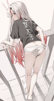1girl absurdres alternate_costume animal_slippers ass balcony black_shirt bunny_slippers gradient_hair grey_hair highres hololive horns looking_back multicolored_hair nakiri_ayame no_pants oni panties red_hair scarlet_(wv0102) shirt skin-covered_horns slippers solo streaked_hair t-shirt underwear virtual_youtuber white_panties white_slippers