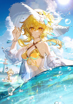 1boy 1girl aether_(genshin_impact) ayiiiyiii bikini blonde_hair breasts flower genshin_impact hat hat_flower highres jacket long_hair lumine_(genshin_impact) navel open_clothes open_jacket stomach straw_hat swimsuit white_hat white_jacket yellow_bikini yellow_eyes