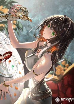 1girl absurdres asu_(sinsekai) bangle blurry bracelet breasts brown_hair chair collarbone colored_inner_hair copyright_name cosmetics cup depth_of_field dress drinking_glass dutch_angle earrings flower gawako glint gown grabbing_another's_hand green_eyes hand_on_table high_heels highres holding holding_lipstick_tube jewelry kamitsubaki_studio leaning_forward light_particles lipstick_tube looking_at_viewer marble_(toy) medium_breasts multicolored_hair necklace orange_hair orange_nails parted_lips pearl_necklace petals plant prosthesis prosthetic_arm red_footwear ring silver_dress sinsekai_record sleeveless solo standing swept_bangs table virtual_youtuber wine_glass yellow_flower