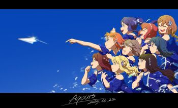baggy_clothes bare_shoulders black_hair blonde_hair blue_hair braid brown_hair choker closed_eyes dress earrings everyone from_side grey_hair group_name hair_bun hair_ornament highres hug jewelry kunikida_hanamaru kurosawa_dia kurosawa_ruby looking_to_the_side love_live! love_live!_sunshine!! matsuura_kanan multiple_girls ohara_mari orange_hair otukaresunshine paper_airplane pink_hair ponytail purple_hair red_hair sakurauchi_riko simple_background sky splashing takami_chika throwing tsushima_yoshiko watanabe_you water