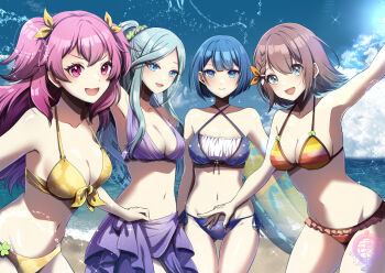 4girls :d alternate_costume alternate_hairstyle aqua_hair arm_up artist_logo beach bikini blue_hair blue_sky blunt_bangs blurry blurry_background bob_cut bow braid breasts brown_hair cleavage cloud clover colored_eyelashes commentary_request cowboy_shot day frilled_bikini frills front-tie_bikini_top front-tie_top gluteal_fold grey_eyes hair_bow hanasato_minori hinomori_shizuku hip_bones holding holding_swim_ring innertube kiritani_haruka logo long_hair looking_at_viewer lowleg lowleg_bikini medium_breasts medium_hair midriff momoi_airi more_more_jump!_(project_sekai) multicolored_bikini multiple_girls navel o-ring o-ring_bikini open_mouth orange_bikini outdoors pink_bikini pink_eyes pink_hair ponytail project_sekai purple_bikini purple_sarong red_bikini sarong short_hair short_twintails side_braid sky smile sparkle striped_bikini striped_clothes swim_ring swimsuit tiprip_kk twintails water yellow_bikini yellow_bow