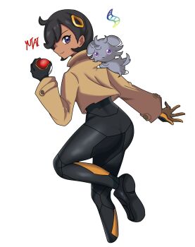 1girl aged_up ass black_bodysuit black_hair black_shoes blue_eyes bodysuit bodysuit_under_clothes brown_jacket closed_mouth commentary cropped_legs dark-skinned_female dark_skin emma_(pokemon) espurr from_behind gen_6_pokemon gloves hair_between_eyes hair_ornament hand_up highres holding holding_poke_ball hy_yutai jacket looking_at_viewer nintendo outline poke_ball poke_ball_(basic) pokemon pokemon_(creature) pokemon_legends:_z-a pokemon_on_back profile shoes short_hair sidelocks signature smile standing standing_on_one_leg swept_bangs transparent_background white_outline