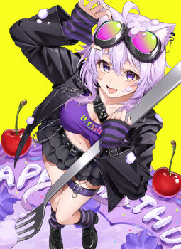 1girl absurdres adjusting_eyewear alternate_costume amesui animal_ear_fluff animal_ears black_jacket black_skirt blonde_hair breasts cat_ears cat_girl cat_tail cherry cleavage collarbone commentary_request crop_top english_text food fruit full_body goggles goggles_on_head happy_birthday highres hololive jacket large_breasts long_sleeves miniskirt navel nekomata_okayu open_clothes open_jacket oversized_food oversized_object purple_eyes purple_hair purple_shirt purple_tail shirt simple_background skirt solo tail virtual_youtuber yellow_background