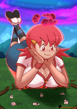 1girl absurdres arm_support ass breasts cleavage dakunart dynamax female_focus full_body gen_2_pokemon giant giantess gigantamax highres large_breasts legs_up lying matching_hair/eyes miltank nintendo on_stomach pink_eyes pink_hair pokemon pokemon_hgss short_hair smile solo the_pose whitney_(pokemon)