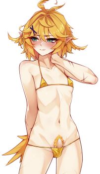 Rule 34 | 1futa, ahoge, aqua eyes, bare arms, bare legs, bare shoulders, bikini, blonde hair, blonde pubic hair, blush, breasts, collarbone, commentary, cowboy shot, cross scar, dokibird, embarrassed, erection, excessive pubic hair, eyes visible through hair, fang, fang out, female pubic hair, futanari, gold bikini, golden week, hair between eyes, hair ornament, highres, indie virtual youtuber, looking to the side, navel, penis, penis in swimsuit, pointy ears, pubic feathers, pubic hair, ricegnat, scar, short hair, simple background, small breasts, small penis, solo, stomach, string bikini, swimsuit, untranslatable commentary, tail, uncensored, virtual youtuber, wavy mouth, white background, x hair ornament