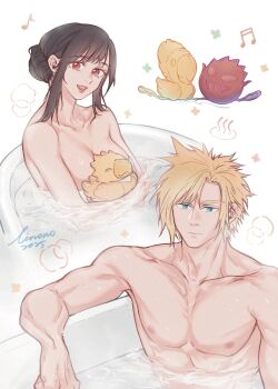 1boy 1girl artist_name bath black_hair blonde_hair blue_eyes bomb_(final_fantasy) breasts chocobo cleavage closed_mouth cloud_strife collarbone commentary_request final_fantasy final_fantasy_vii final_fantasy_vii:_advent_children hair_up in_bathtub large_breasts linono long_hair musical_note nude open_mouth partially_submerged pectorals red_eyes rubber_duck shared_bathing short_hair sidelocks signature spiked_hair tifa_lockhart upper_body water wet