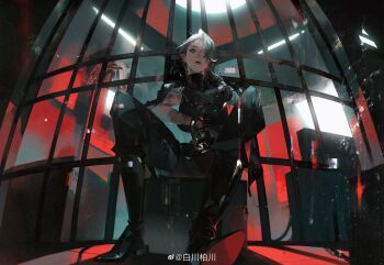 1girl absurdres arm_tattoo baichuan_baichuan black_boots black_gloves boots earrings gloves highres jewelry path_to_nowhere prison sitting tattoo zoya_(path_to_nowhere)