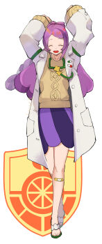 1girl breasts closed_eyes coat green_sandals highres jewelry lab_coat long_hair long_sleeves miriam_(pokemon) multicolored_hair nintendo open_clothes open_coat open_mouth pencil_skirt pink_hair pokemon pokemon_sv purple_hair sandals school_nurse skirt solo streaked_hair striped_clothes striped_skirt sweater swept_bangs white_coat yachimata_1205 yellow_sweater
