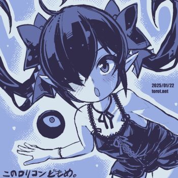 1girl backbeako_(torotei) backbeard blue_background blush breasts commentary cowboy_shot dated dated_commentary dress gegege_no_kitarou gloves hair_over_one_eye hair_ribbon kono_lolicon_domome leaning_forward long_hair looking_at_viewer monochrome neck_ribbon nightgown one_eye_closed open_mouth original paid_reward_available pointy_ears ribbon simple_background small_breasts solo torotei translated twintails very_long_hair watermark web_address