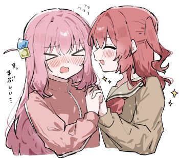 >_< ^_^ blush bocchi_the_rock! bow bowtie brown_cardigan cardigan closed_eyes commentary_request cropped_torso cube_hair_ornament embarrassed flying_sweatdrops gotoh_hitori hair_between_eyes hair_ornament holding_hands interlocked_fingers jacket kita_ikuyo long_hair long_sleeves mesugakisaikou one_side_up pink_hair pink_jacket pink_track_suit red_bow red_bowtie red_hair ribbon sailor_collar school_uniform shuka_high_school_uniform simple_background smile sparkle track_jacket track_suit translation_request upper_body wavy_mouth white_background white_sailor_collar yuri