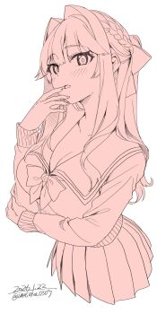 1girl absurdres bow bowtie braid breasts cardigan cleavage collarbone hair_bow highres large_breasts long_hair long_sleeves monochrome original parted_lips pleated_skirt sailor_collar school_uniform simple_background skirt solo unasaka_ryou white_background