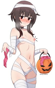 1girl absurdres bandages blush breasts brown_hair choker condom condom_packet_strip condom_wrapper cowboy_shot halloween halloween_bucket halloween_costume highres jack-o'-lantern kagironsfw kono_subarashii_sekai_ni_shukufuku_wo! loli medium_hair megumin mummy_costume navel nipple_slip nipples red_eyes shy sidelocks simple_background small_breasts solo trick_or_treat upper_body white_background