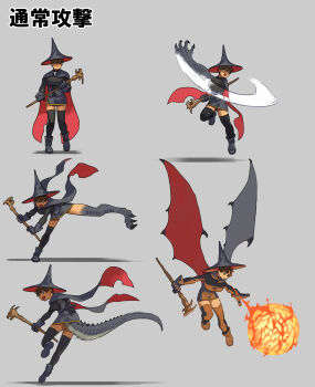 1girl black_boots black_cape black_dress black_gloves black_sweater black_thighhighs boots breasts breath_weapon breathing_fire brown_hair cape commentary_request dragon_tail dragon_wings dress fire gloves hat highres holding holding_scepter huge_breasts kawabata_ryuuko_(narisokonai) kicking miniskirt narisokonai original scepter skirt sweater tail tail_whip thighhighs translation_request two-sided_cape two-sided_fabric wings witch_hat zettai_ryouiki