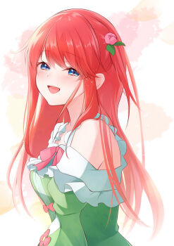 1girl :d absurdres bare_shoulders blue_eyes blush bow breasts dress flower frills from_side green_dress hair_flower hair_ornament highres long_hair long_sleeves looking_at_viewer off-shoulder_dress off_shoulder open_mouth pink_bow pink_flower rain_re_a re:zero_kara_hajimeru_isekai_seikatsu red_hair smile solo theresia_van_astrea upper_body