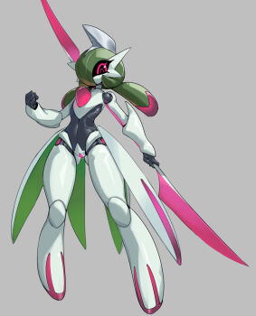 1girl black_sclera clenched_hand colored_sclera colored_skin doll_joints green_hair grey_background grey_skin horns humanoid_robot iron_valiant joints looking_at_viewer maebari mechanization nintendo no_mouth pochincoff pokemon red_eyes robot robot_girl single_horn translucent twintails waist_cape weapon white_skin