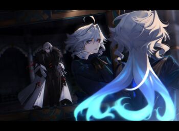 2girls arlecchino_(genshin_impact) black_eyes black_hands black_pants black_streaks blue_eyes blue_jacket closed_mouth coat colored_extremities colored_tips commission cowlick drop-shaped_pupils fatui_coat fur-trimmed_coat fur_trim furina_(genshin_impact) genshin_impact grey_hair hair_intakes hair_over_one_eye hand_in_pocket highres jacket long_hair mirror mismatched_pupils multicolored_hair multiple_girls o1do1d pants parted_lips reference_sheet reflection streaked_hair symbol-shaped_pupils white_hair