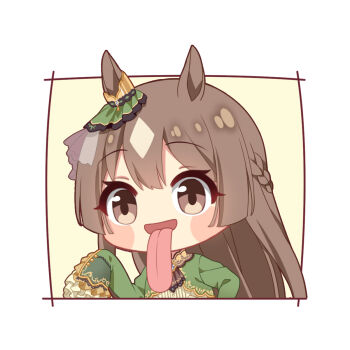 Rule 34 | 1girl, animal ears, blush stickers, brown eyes, brown hair, chibi, commentary, cropped jacket, ear ornament, english commentary, fpsmoe, freaky satono diamond (meme), frilled sleeves, frills, green jacket, highres, horse ears, horse girl, jacket, long hair, long sleeves, long tongue, looking at viewer, meme, multicolored hair, no nose, satono diamond (umamusume), sleeves past fingers, sleeves past wrists, solo, streaked hair, tongue, umamusume, very long tongue