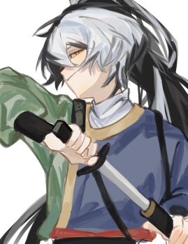 Rule 34 | 1boy, alternate costume, alternate hair length, alternate hairstyle, belt, black belt, black hair, blue hanfu, chinese clothes, chinese commentary, closed mouth, commentary request, drawing sword, eyelashes, green hanfu, hair between eyes, half-closed eyes, hanfu, high ponytail, highres, holding, holding sheath, holding sword, holding weapon, infinity nikki, long hair, long hair between eyes, long sleeves, male focus, military uniform, multicolored hair, nikki (series), pointy nose, ponytail, puffy long sleeves, puffy sleeves, red sash, sash, sheath, shirt, simple background, smirk, smug, split-color hair, sword, tan youyou (infinity nikki), turtleneck, turtleneck shirt, two-tone hair, two-tone hanfu, unsheathing, very long hair, waist sash, weapon, wendy985647, white background, white hair, white shirt, yellow eyes