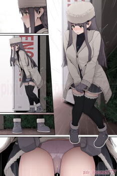 1girl 5koma black_thighhighs blush boots breasts coat comic green_eyes have_to_pee highres jewelry kokomachi leaking long_hair long_sleeves necklace original panties pee_leak peeing peeing_self purple_panties skirt solo stained_panties thighhighs trembling underwear upskirt wet wet_clothes wet_panties wet_underwear