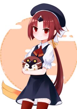 Rule 34 | 1girl, beni-enma, beret, blue hat, blue skirt, blue vest, blush, brown background, closed mouth, collared shirt, commentary request, egasumi, fate/grand order, fate (series), hat, long hair, looking at viewer, low ponytail, ponytail, puffy short sleeves, puffy sleeves, red eyes, red hair, red thighhighs, riya (01214), shirt, short sleeves, skirt, smile, thighhighs, very long hair, vest, white background, white shirt