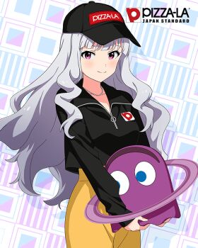 1girl blue_eyes card_(medium) english_text ghost grey_hair hat holding idolmaster idolmaster_million_live! idolmaster_million_live!_theater_days jewelry necklace official_art pac-man_(game) purple_eyes shijou_takane smile