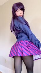 1girl animated ass black_pantyhose blue_jacket bowtie breasts clothes_pull cosplay female_focus grabbing_own_breast highres huge_filesize indoors jacket jiggle komi-san_wa_komyushou_desu komi_shouko komi_shouko_(cosplay) long_hair looking_at_viewer looking_back miamiaxof navel no_bra open_clothes open_shirt panties pantyhose pantyhose_pull photo_(medium) pleated_skirt purple_hair real_life school_uniform shirt skirt small_breasts solo spanking spanking_self striped_bow striped_bowtie striped_clothes striped_skirt tagme thong underwear undressing video white_panties white_shirt