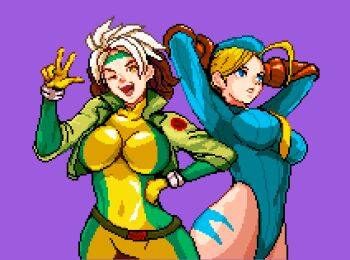Rule 34 | 2girls, arms up, blonde hair, blue eyes, bodysuit, breasts, cammy white, capcom, gloves, grin, hand on own hip, hat, jacket, leotard, looking at viewer, marvel, multiple girls, one eye closed, open mouth, pixel art, red hair, rogue (x-men), smile, standing, street fighter zero, v, white hair, wink, x-men, x-men vs street fighter