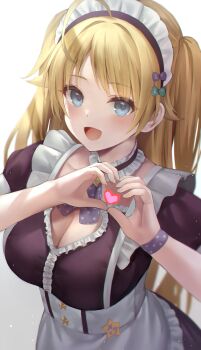 1girl :d absurdres apron black_dress blonde_hair blue_eyes blush breasts cleavage cleavage_cutout clothing_cutout commentary cowboy_shot dress frilled_dress frills from_above hachimiya_meguru heart heart_cutout heart_hands hibimaru highres idolmaster idolmaster_shiny_colors large_breasts long_hair looking_at_viewer looking_up maid maid_headdress neck_garter open_mouth polka_dot puffy_short_sleeves puffy_sleeves short_sleeves smile solo swept_bangs two_side_up very_long_hair waist_apron white_apron wristband