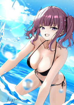 1girl all_fours artist_name bikini black_bikini blue_sky breasts cleavage commentary_request day dutch_angle front-tie_bikini_top front-tie_top highres k-yous large_breasts looking_at_viewer medium_hair mole mole_under_eye natsuki_karin navel ocean open_mouth outdoors purple_eyes purple_hair side-tie_bikini_bottom signature sky smile solo stomach string_bikini swimsuit synthesizer_v twintails variant_set water water_drop
