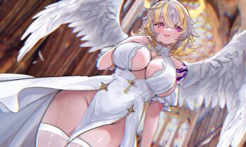 1girl angstowo blonde_hair blurry blurry_background breasts cleavage_cutout clothing_cutout dress feathered_wings glitch_stars grey_hair lips multicolored_hair parted_lips pelvic_curtain purple_eyes second-party_source solo streaked_hair sunny_splosion thighhighs virtual_youtuber white_dress white_wings wings ych_commission
