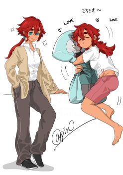 1girl 715piro_gon absurdres barefoot black_shoes blue_eyes brown_pants cardigan closed_mouth collared_shirt commentary dakimakura_(object) english_text gundam gundam_suisei_no_majo heart highres hug hugging_object implied_yuri long_hair miorine_rembran multiple_views pants pillow pillow_hug pink_shorts red_hair shirt shoes shorts simple_background smile sparkle suletta_mercury thick_eyebrows white_background white_shirt yellow_cardigan