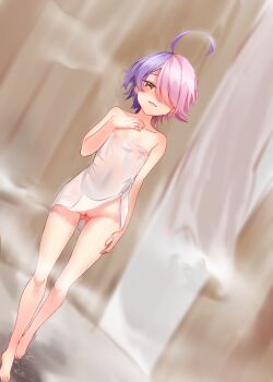 1girl :d ahoge barefoot blurry blurry_background breasts gluteal_fold grin hair_over_one_eye highres honkai_(series) honkai_gakuen indoors loli looking_at_viewer multicolored_hair naked_towel nipples open_mouth pink_hair purple_hair pussy sharp_teeth short_hair shower_(place) sin_mal sin_mal0909 small_breasts smile solo teeth toes towel two-tone_hair yellow_eyes