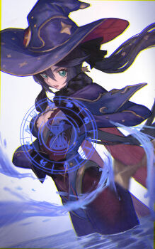 1girl absurdres aqua_eyes black_choker black_gloves black_hair blue_hat breasts cape choker earrings genshin_impact gloves hair_ornament hat highres jewelry killert_0401 large_breasts leotard long_hair mona_(genshin_impact) pantyhose purple_hair purple_hat spell star_(symbol) star_earrings star_hair_ornament twintails water witch_hat