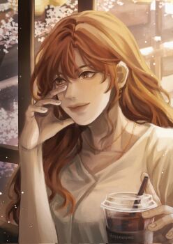 Rule 34 | 1girl, aegyo sal, asamanemo, brown eyes, brown hair, cherry blossoms, coffee, commentary, cup, english commentary, gold necklace, hand on own face, highres, indoors, jewelry, long hair, necklace, omniscient reader's viewpoint, shirt, sidelighting, smile, solo, upper body, white shirt, yoo sangah