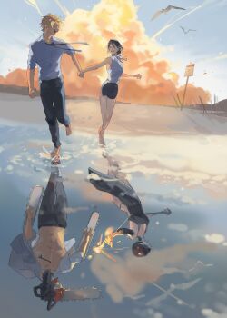 1boy beach bird black_choker black_hair black_necktie blonde_hair blue_sky bomb_devil_(chainsaw_man) chainsaw chainsaw_man choker collared_shirt commentary denji_(chainsaw_man) different_reflection dynamite english_commentary explosion explosion_background explosive formal_clothes grenade_pin highres holding_hands necktie pull_cord reflection reflective_liquid reze_(chainsaw_man) ringed_eyes seagull sharp_teeth shirt sky sleeveless sleeveless_shirt suit syiss teeth white_shirt