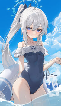 1girl absurdres bag blue_archive blue_halo blue_one-piece_swimsuit blue_sky blush breasts casual_one-piece_swimsuit closed_mouth cloud cloudy_sky commentary covered_navel day frilled_one-piece_swimsuit frills hair_intakes halo handbag highres innertube kerno miyako_(blue_archive) miyako_(swimsuit)_(blue_archive) off-shoulder_one-piece_swimsuit off_shoulder official_alternate_costume official_alternate_hairstyle one-piece_swimsuit outdoors purple_eyes side_ponytail sky small_breasts solo swim_ring swimsuit transparent_bag wading water white_hair