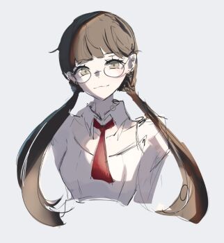 1girl :3 accord black-framed_eyewear black_hair breasts closed_mouth collarbone cropped_torso detached_collar drag-on_dragoon drag-on_dragoon_3 elphe gift_art glasses green_eyes long_hair looking_at_viewer low_twintails necktie non-web_source red_necktie round_eyewear screencap shirt simple_background sketch small_breasts smile solo square-end_necktie twintails white_background white_shirt wing_collar