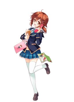 1girl blue_skirt book bow brown_eyes brown_hair cellphone full_body girlfriend_(kari) glasses holding holding_phone kakei_sonomi looking_at_viewer official_art phone plaid_clothes plaid_skirt pleated_skirt qp:flapper school_uniform shoes simple_background skirt smile solo thighhighs white_background white_thighhighs