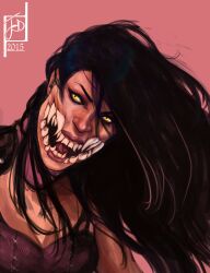 1girl 2015 bad_link black_hair brown_background dated eyelashes fangs head_tilt highres lips long_hair looking_to_the_side mileena_(mortal_kombat) mortal_kombat_(series) mortal_kombat_x nose sharp_teeth signature slit_pupils teeth yellow_eyes