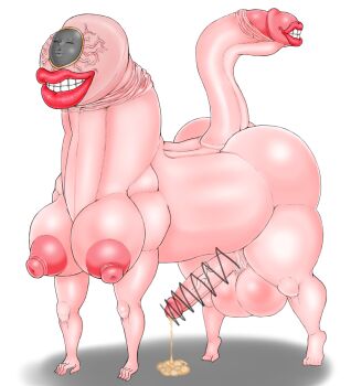 anatomical_nonsense bald big_nose blue_eyes body_horror breasts clenched_teeth colored_eyelashes convenient_censoring creature crying crying_with_eyes_open cum cumdrip dark_areolae dorse grey_mask guro highres horrified huge_penis large_areolae large_breasts large_penis large_testicles mask monster monster_girl monsterification penis penis_censored penis_out pig_nose pixiv queen&#039;s_stallion scared shocked_pupils statue_transformation stelladiaabyss stone_mask tail tears teeth testicles thick_lips transformation veiny_face what white_background why wide_hips