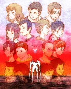 6+boys 6+girls :d ano_maki black_hair bokurano brown_hair closed_mouth everyone expressionless full_body glasses glowing gradient_background honda_chizuru kako_isao kirie_yousuke kodaka_masaru komoda_takami koyemshi long_sleeves looking_at_viewer machi_youko moji_kunihiko mole mole_under_eye monster multiple_boys multiple_girls nakarai_mako ocean open_mouth outdoors short_hair sky smile tokosumi_aiko upper_body ushiro_jun ushiro_kana very_short_hair waku_takashi worried wrinkled_skin yamura_daiichi yoshikawa_kanji zearth