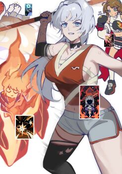 1boy 3girls arm_up bare_shoulders black_choker black_footwear black_gloves blue_eyes boxing_gloves breasts brown_hair card choker clenched_teeth closed_eyes coat dikke_(reverse:1999) dikke_(the_pointy_end_up)_(reverse:1999) dolphin_shorts elbow_pads elemental_(creature) ezra_theodore fiery_hair fire fire_elemental gloves grey_shorts hand_up hat highres holding_javelin javelin_(spear) leggings long_hair looking_at_viewer lying multiple_girls mushroom mushroom_hat on_mushroom ponytail quanx70909457 red_hat red_tank_top reverse:1999 shirt shoes shorts sideboob single_detached_legging single_elbow_pad sleeveless sleeveless_shirt sneakers solo_focus spathodea_(reverse:1999) sweat tank_top teeth torn_clothes torn_leggings ulu_(reverse:1999) v-shaped_eyebrows veins white_background white_coat white_hair white_shirt white_shorts