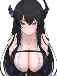 Rule 34 | 1girl, adapted costume, asymmetrical horns, bare shoulders, black hair, blue hair, blush, breast focus, breasts, cleavage, close-up, collared shirt, colored inner hair, demon horns, hair ornament, highres, hololive, hololive english, horns, huge breasts, long hair, looking at viewer, mole, mole under eye, multicolored hair, nerissa ravencroft, partially unbuttoned, red eyes, shirt, smile, solo, two-tone hair, uneven horns, upper body, very long hair, virtual youtuber, white shirt, wriskelis