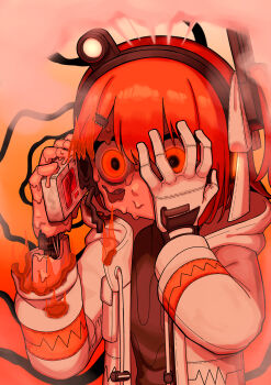 1girl absurdres adachi_rei android black_shirt bow cassette_player coat fire gloves glowing glowing_eyes gomashio_lettuce hair_bow hand_on_own_face headset highres joints long_sleeves melting netsu_ijou_(utau) one_side_up open_clothes open_coat orange_eyes orange_hair peeking_through_fingers robot_joints shirt short_hair smoke solo upper_body utau white_coat white_gloves