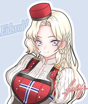 Rule 34 | 1girl, asymmetrical hair, blonde hair, blue eyes, braid, breasts, character name, eidsvold (kancolle), furaggu (frag 0416), hat, highres, kantai collection, large breasts, long hair, looking at viewer, multicolored eyes, pink eyes, red hat, side braids, smile, solo, two-tone eyes, upper body