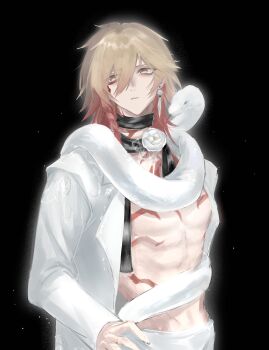 Rule 34 | 1boy, abs, absurdres, alternate costume, blonde hair, braid, chest tattoo, chinese commentary, commentary request, facial tattoo, gradient hair, highres, honkai: star rail, honkai (series), jacket, male focus, medium hair, multicolored hair, mydei (honkai: star rail), open clothes, open jacket, pants, red hair, red tattoo, side braid, snake, solo, tattoo, toned, toned male, white jacket, white pants, white snake, yellow eyes, yinsubaihuai