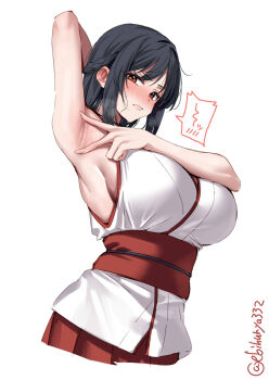 1girl arm_behind_head arm_up armpits artist_name black_hair blush breasts commentary_request ebifurya highres japanese_clothes kantai_collection kimono large_breasts looking_at_viewer one-hour_drawing_challenge open_mouth pleated_skirt presenting_armpit red_eyes red_sash red_skirt sash short_hair simple_background skirt sleeveless sleeveless_kimono solo spread_armpit twitter_username white_background white_kimono yamashiro_(kancolle)