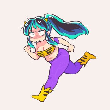 1girl animal_print armband blush boots breasts clenched_hands clip_studio_paint_(medium) commentary cone_horns english_commentary exercising eyeshadow flab flying_sweatdrops gradient_hair green_hair horns large_breasts long_hair lum makeup mamanooke messy_hair midriff multicolored_hair navel oni open_mouth pants plump ponytail purple_armband running sidelocks skindentation strapless sweat thick_thighs thighs tiger_print tube_top urusei_yatsura white_background workout_clothes yellow_boots yellow_tube_top yoga_pants